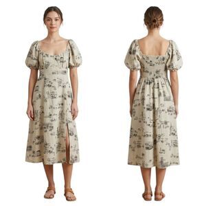 Tulip Creations Café Novelty Print Smocked Puff Sleeve Midi Dress Cottagecore L